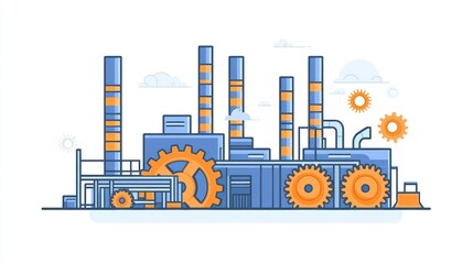 Obraz premium Industrial Factory with Gears and Smoke Stacks Illustrating Manufacturing Processes and Heavy Machinery in a Modern Urban Landscape Setting
