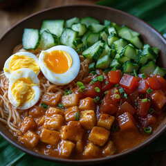 Asian Stir-fry Bowl with Soft-boiled Eggs and Cilantro Garnish, Served on Rustic Clay Bowl over Wooden Surface for Food Photography