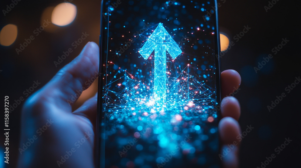 Poster abstract growing arrow up on smartphone screen. human person holding a phone with hologram of boosti