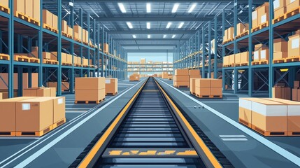 Obraz premium Industrial Warehouse Interior with Stacked Cardboard Boxes and Rail Tracks for Logistics and Supply Chain Management in Modern Storage Facility