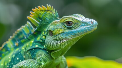 Fototapeta premium Close up view of the Plumed Basilisk (Basiliscus plumifrons), also called a Green Basilisk or double crested basilisk in a nature background