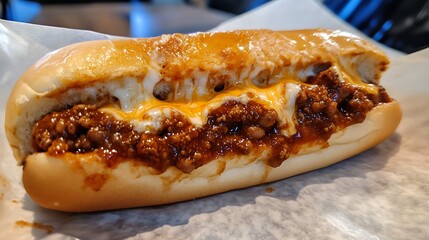 Close-up of a chili cheese hotdog with gooey cheese and chili in a soft bun