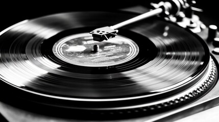 Close-up of a vinyl record spinning on a turntable.