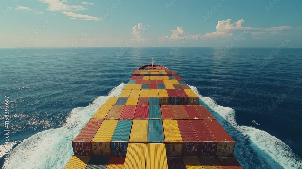 Poster A large container ship sails across a vast ocean, leaving a wake of white foam.  The colorful cargo containers fill the frame.