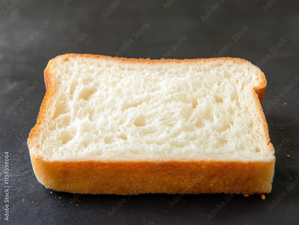 Poster close-up of a single slice of white bread, showing its texture and slightly toasted edges against a 