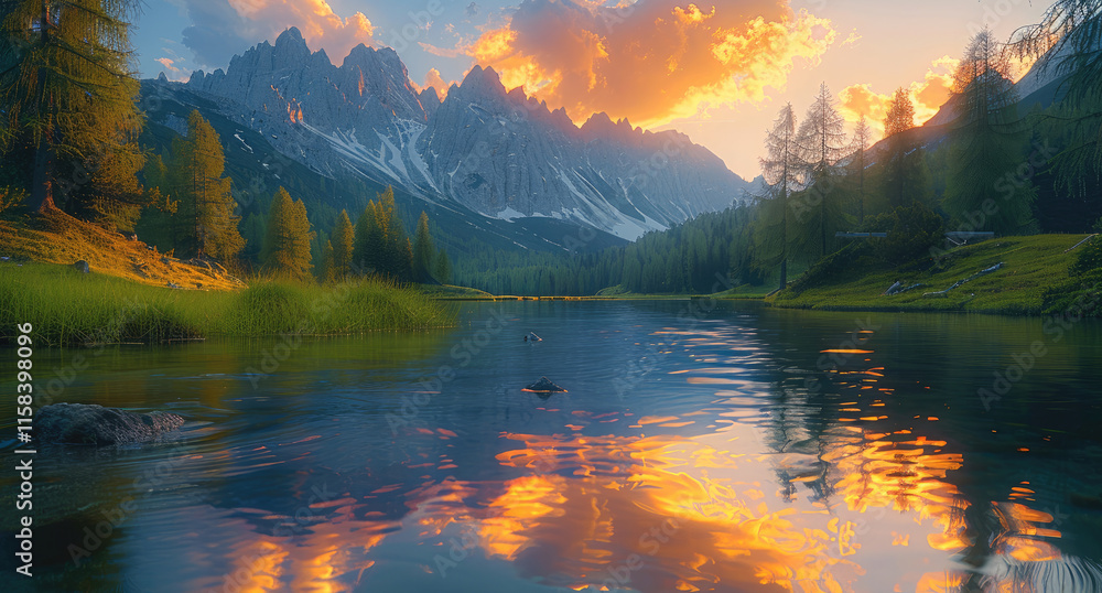 Poster the green grassland, the lake water is calm and clear, reflective colorful clouds in the sky, surrou