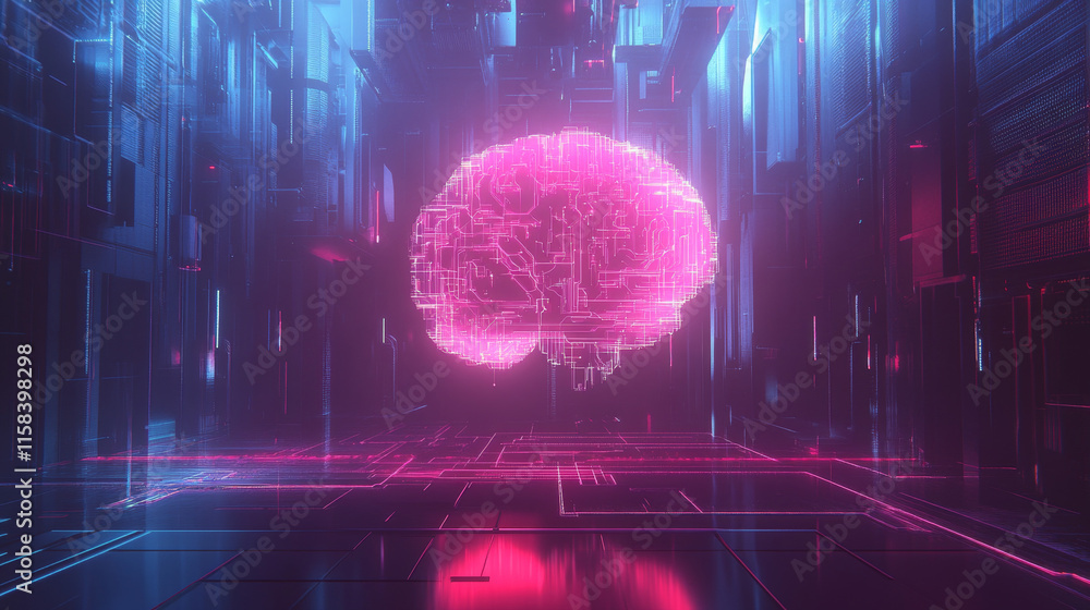 Poster abstract digital brain with ai chip and circuit in blue. technology innovation background. futuristi