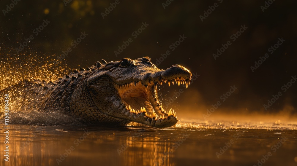 Poster a large crocodile with open jaws emerges from dark water, backlit by golden sunlight, creating a dra