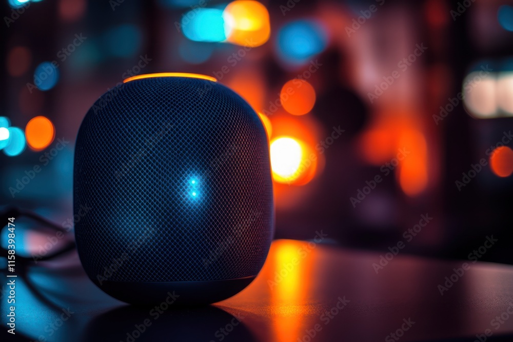 Poster Smart speaker glowing softly in a dimly lit room with bokeh lights.