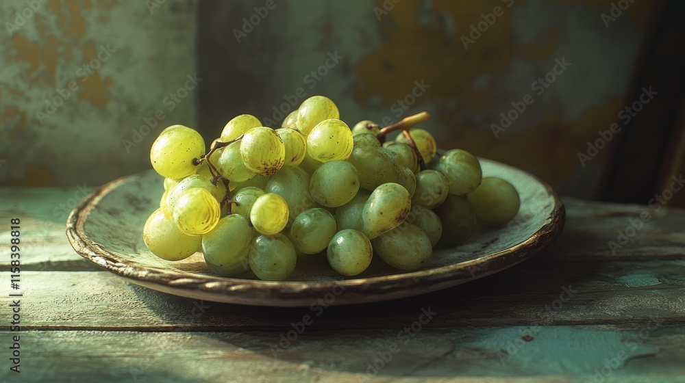 Poster a cluster of green grapes on a rustic plate, illuminated by sunlight.