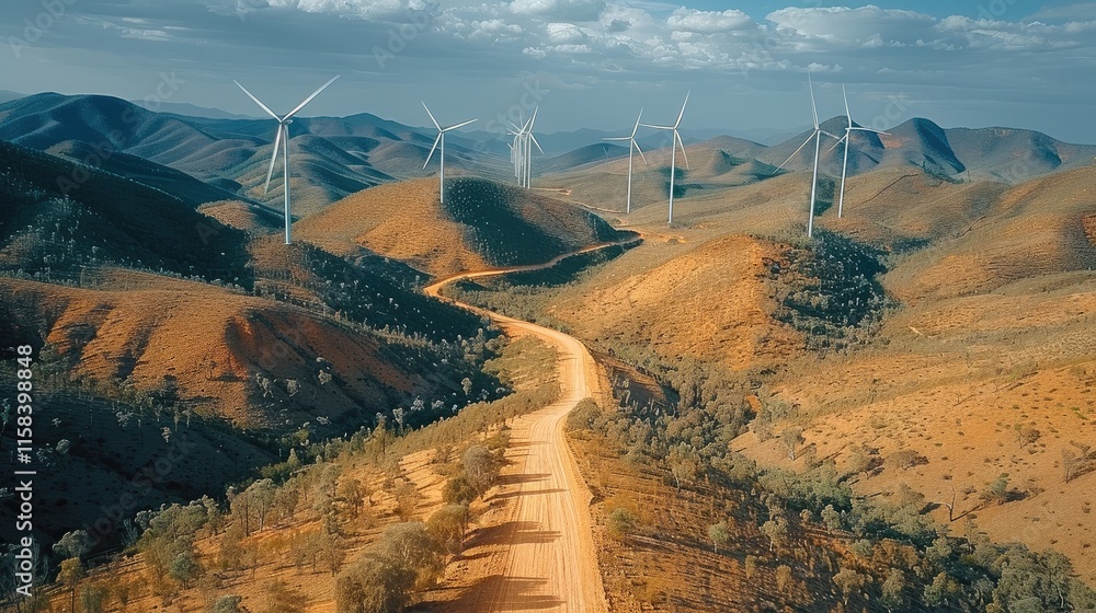 Poster massive wind turbines along multiple mountain ridge lines with turbines connected by a myriad of wid