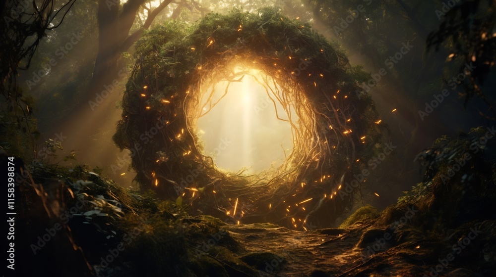 Poster breathtaking portal emerges from within a dense enchanted forest casting a mesmerizing golden glow t