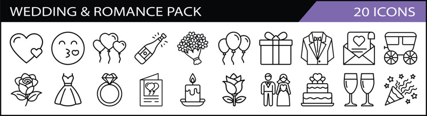 Set of 20 Wedding and Romance Icons Pack - A charming collection of 20 wedding and romance-themed line icons, including hearts, rings, bouquets, champagne, and celebration symbols.