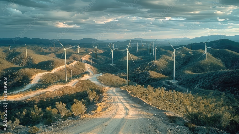 Poster massive wind turbines along multiple mountain ridge lines with turbines connected by a myriad of wid