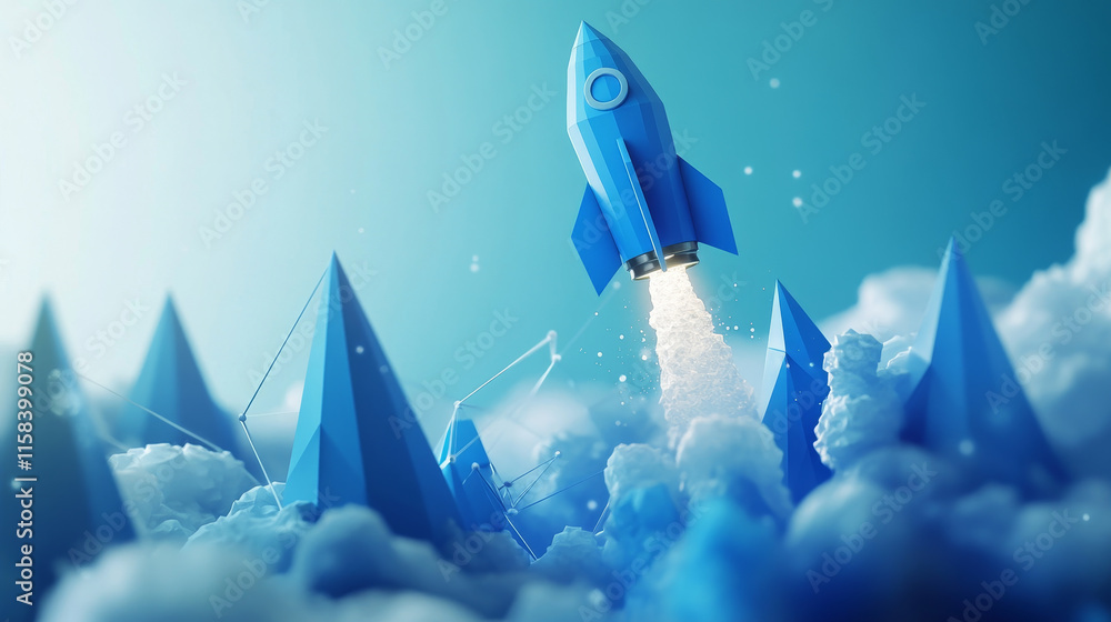 Poster abstract growth graph chart with launch rocket on technology blue background. startup and success bu