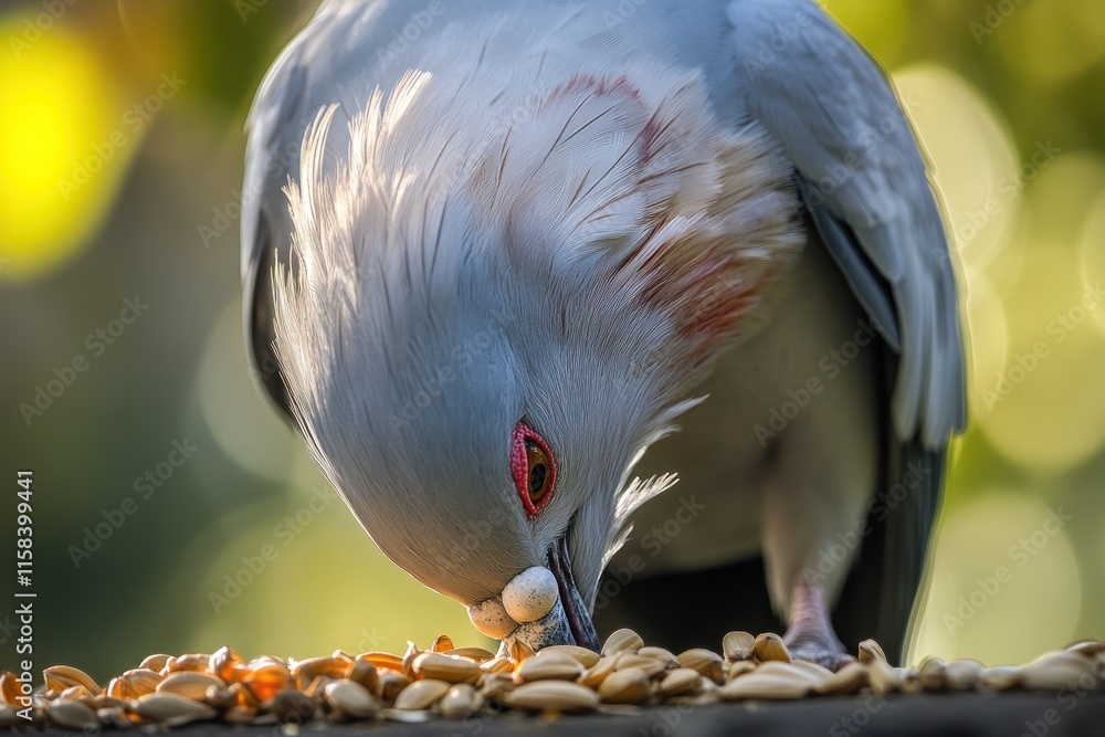 Poster Close-up of a grey bird with red eyes pecking at seeds on a blurred background.