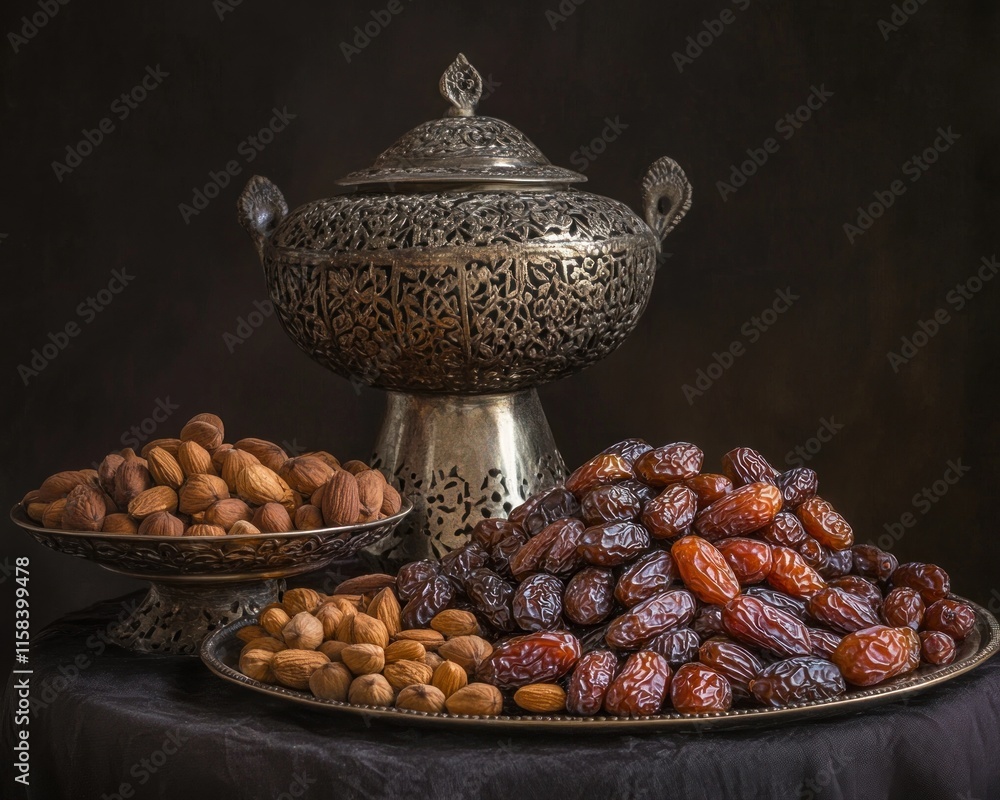 Poster almonds and dates in ornate silver bowls on dark background.