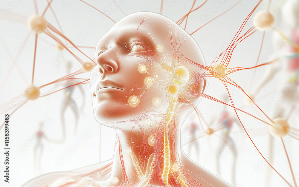 Poster neural peripheral wellness concept. futuristic neural network visualization combined with a human ne