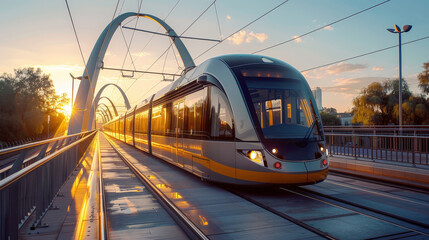 Obraz premium A Vibrant Light Rail Train Crosses a Modern Bridge at Sunset, Illuminating the Urban Landscape
