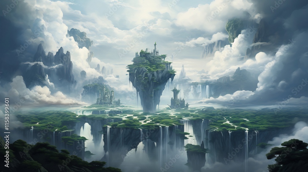 Poster surreal floating islands suspended in an ethereal sky with cascading waterfalls flowing into wispy c