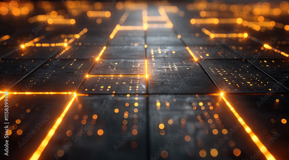 Aufkleber futuristic chart grid with glowing golden arrow details on a shadowy black surface.