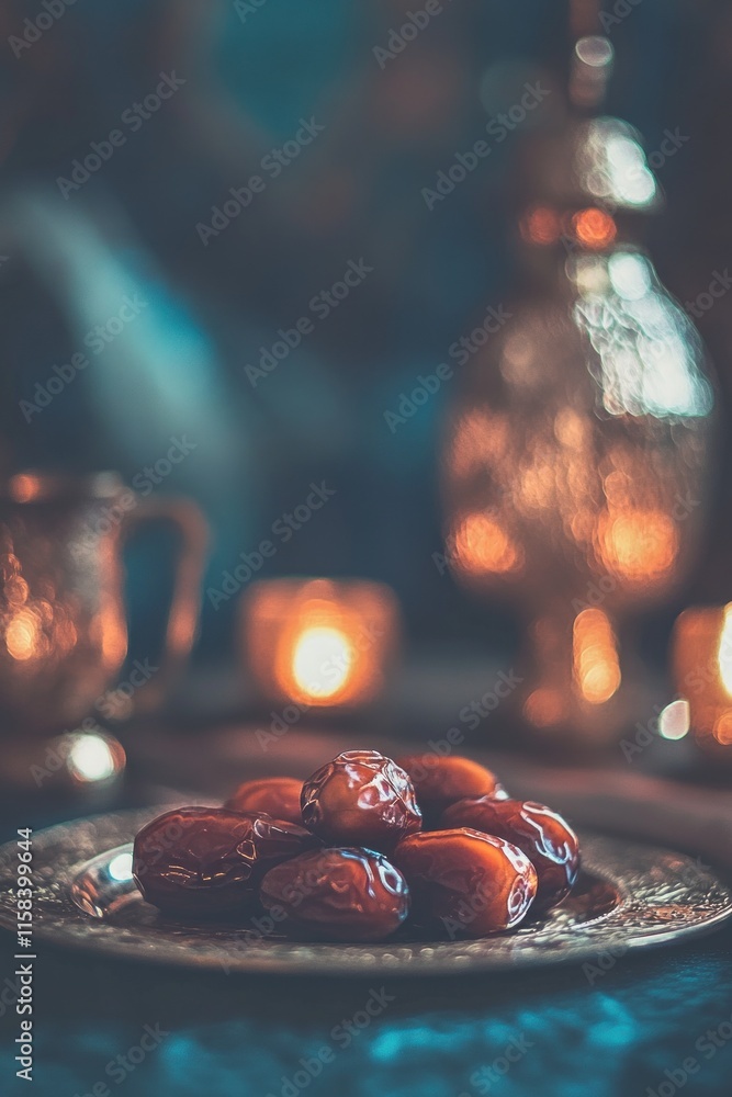 Poster close-up of dates on a metallic plate with a blurred background of lanterns and teacups.