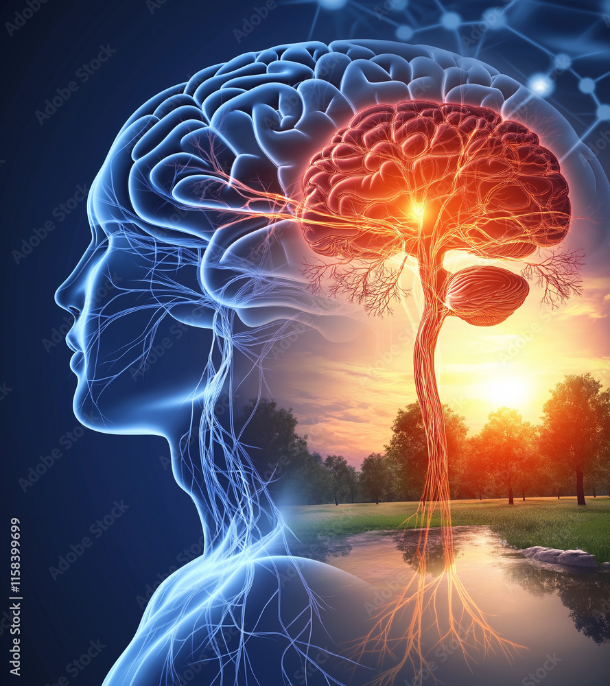 Poster neural peripheral wellness concept. luminous neural connections blending into a serene scene of peac