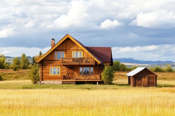 Obraz premium Wooden Log Cabin Home in Golden Field Setting