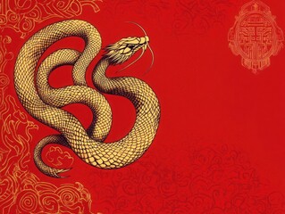 Obraz premium Intricate Golden Snake Illustration on Vibrant Red Background with Decorative Elements for Year of the Snake Celebrations and Cultural Significance