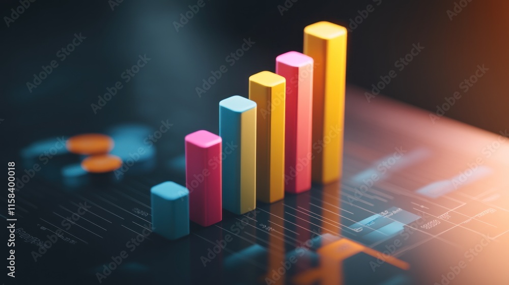 Poster colorful 3d bar graph showing upward trend on digital screen.