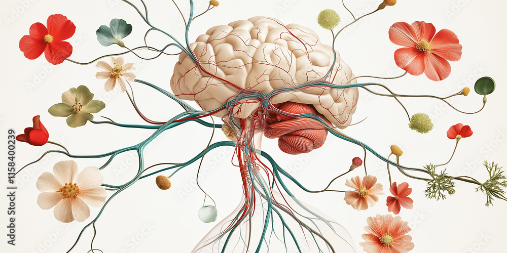 Poster neural peripheral wellness concept. vibrant image of neural circuits blended with floral patterns in