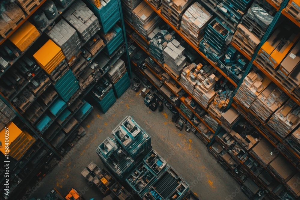 Poster high-angle view of a large warehouse with numerous shelves stocked with various goods and a forklift