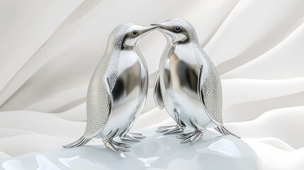 Two elegant silver penguins facing each other, symbolizing love and companionship.