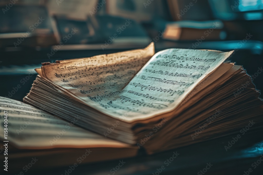 Aufkleber stack of antique sheet music rests on a table, illuminated by warm light.