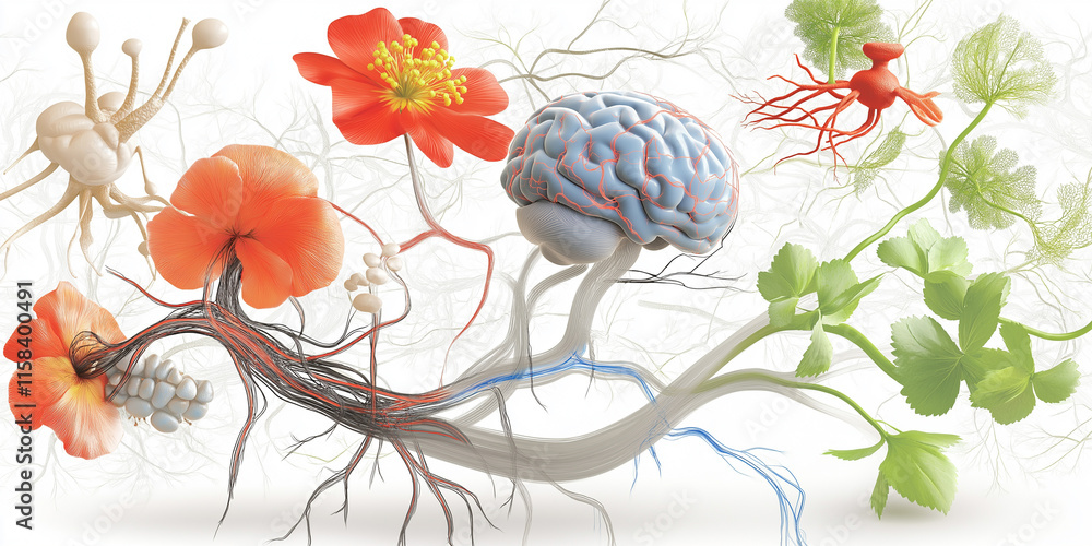 Poster neural peripheral wellness concept. intricate neural circuits blend with floral designs in a vivid, 