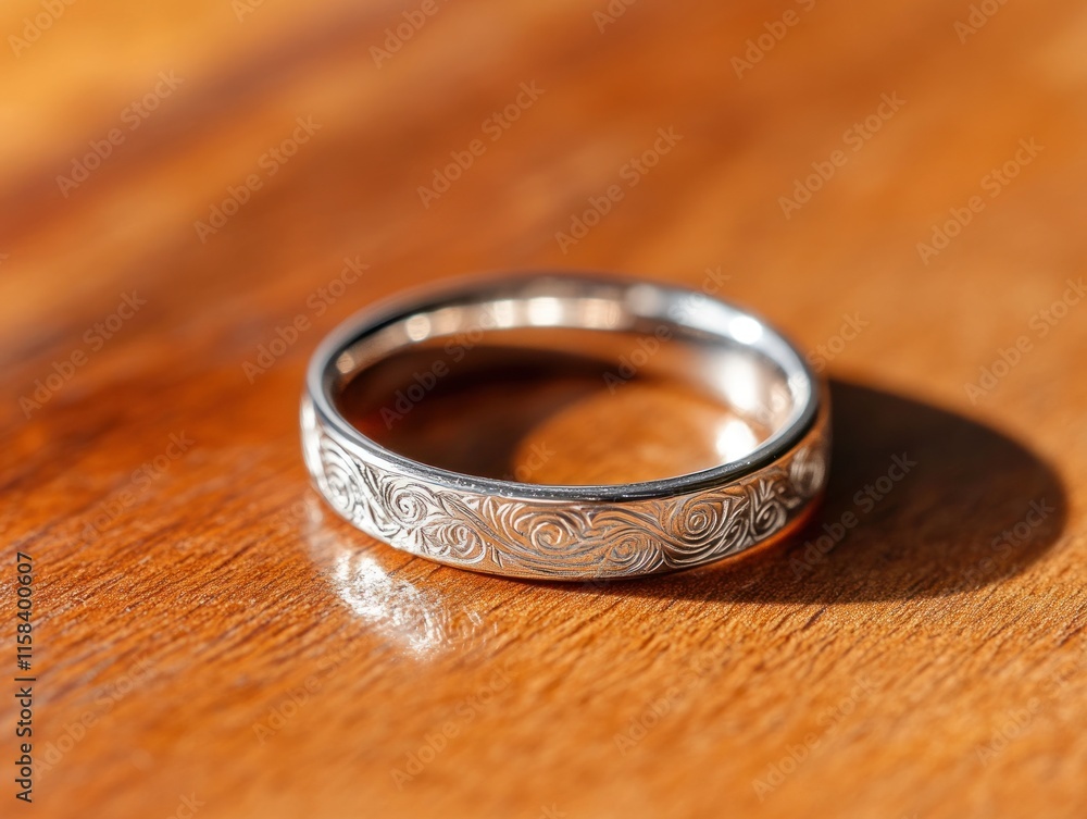Poster close-up of a silver ring with an engraved swirling pattern, resting on a polished wooden surface.