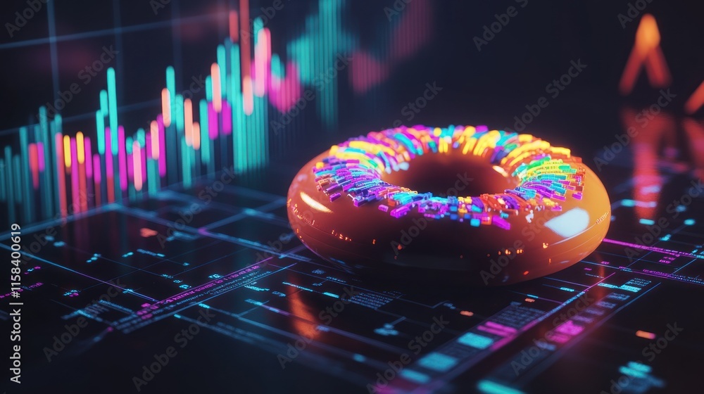 Aufkleber a glazed donut sits on a futuristic digital display showing vibrant stock market graphs.