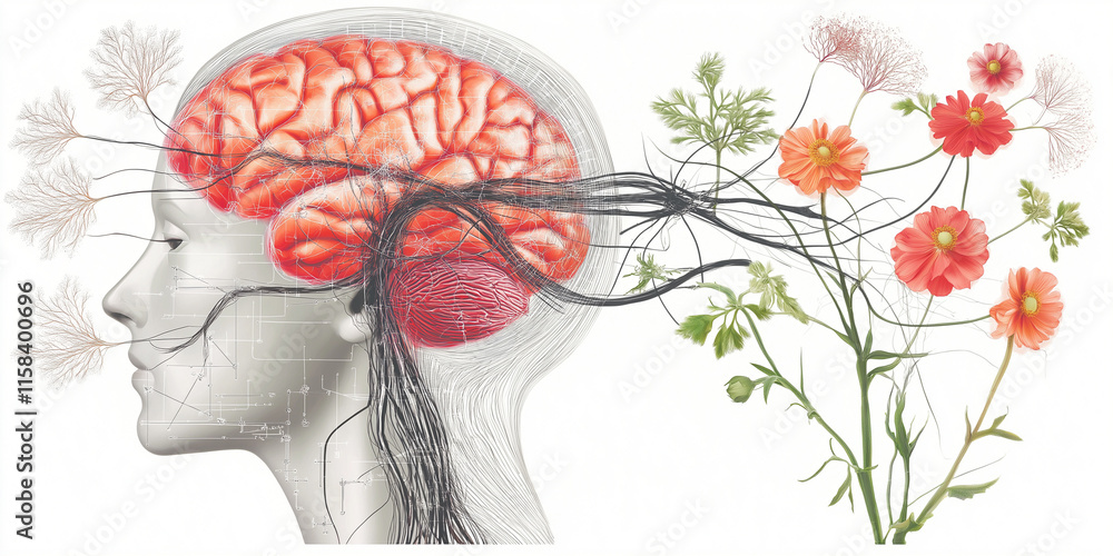 Poster neural peripheral wellness concept. a vibrant image of neural circuits intertwined with floral patte