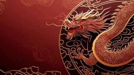 Obraz premium Majestic Red Dragon Illustration with Intricate Gold Details Against a Deep Red Background, Symbolizing Power, Strength, and Prosperity in Asian Culture