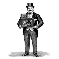 A dapper gentleman in a top hat proudly presents a vintage large format camera.