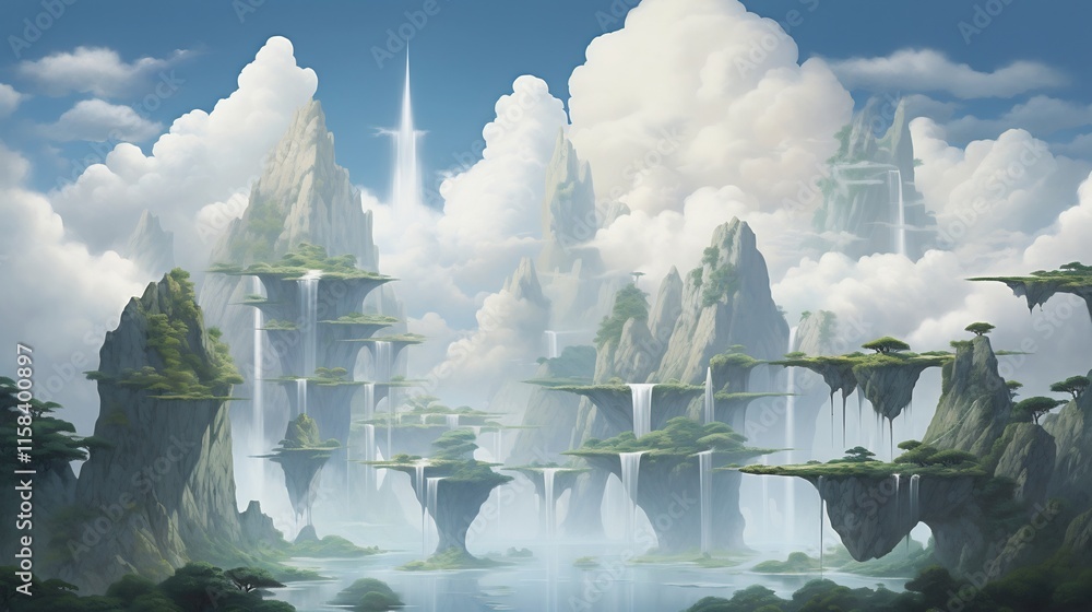 Poster a breathtaking surreal landscape featuring floating islands suspended in a dreamlike sky with waterf