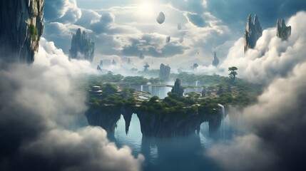Breathtaking surreal landscape featuring floating islands suspended in the sky with cascading waterfalls flowing into wispy ethereal clouds in a dreamlike fantastical scene