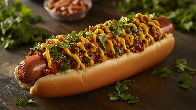 Delicious chili cheese hotdog surrounded by fresh herbs and toppings