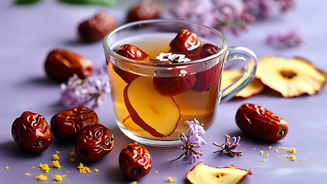 Warm and healthy jujube tea with apple slices.  Perfect for autumn or winter.  Concept of wellness, health, and natural remedies.