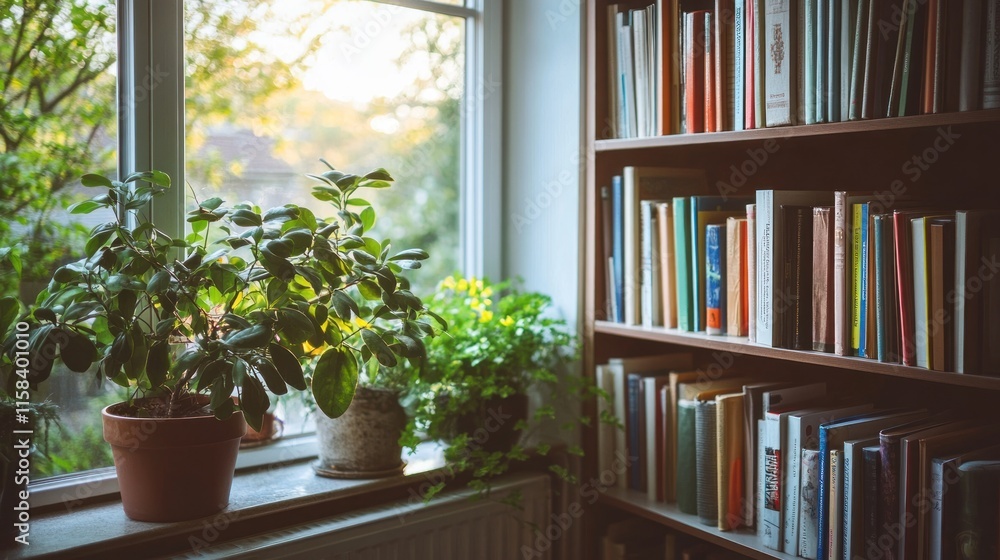 Poster sunlit windowsill with potted plants and bookshelf filled with books.