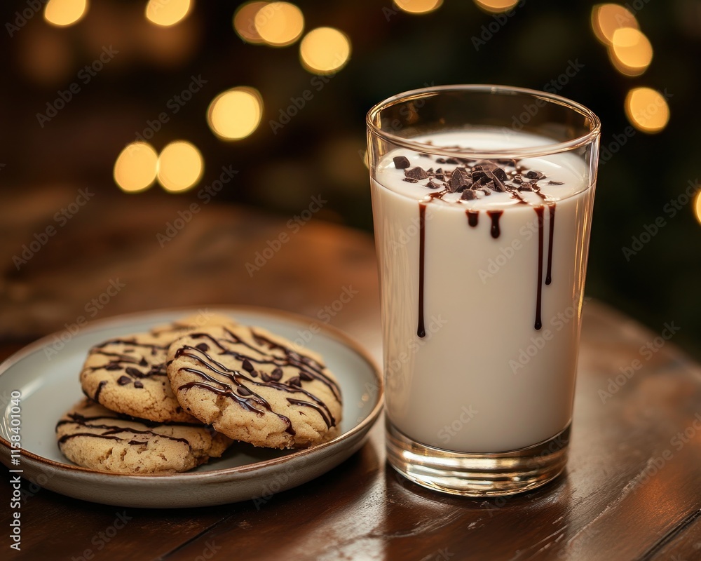 Poster cookies and creamy milk drink with chocolate drizzle on wooden table with bokeh lights.