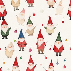 Playful Holiday Gnomes and Colorful Ornaments in a Whimsical Pattern for Festive Designs and Cheerful Occasions