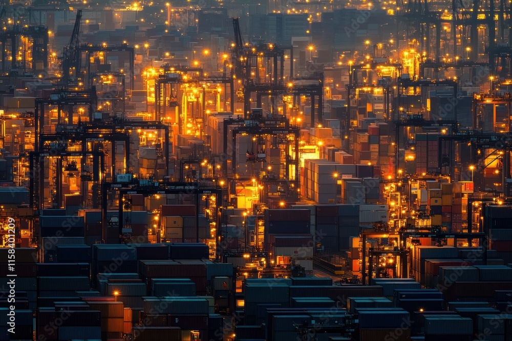 Poster night view of illuminated cargo containers and cranes in a busy port.