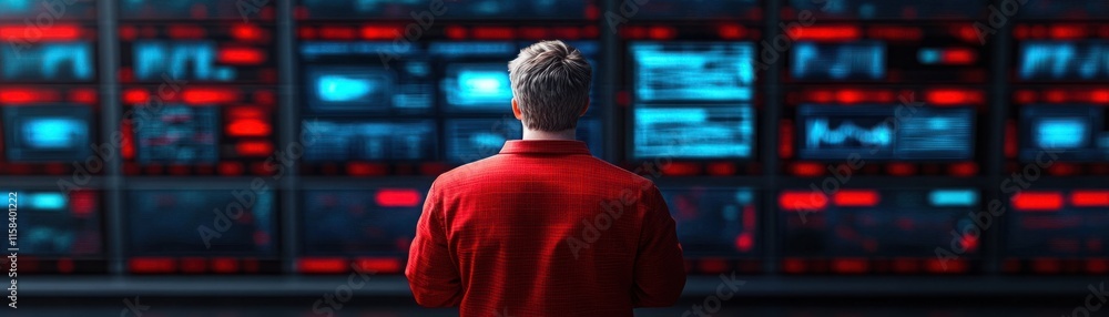 Aufkleber person in red shirt observing digital displays in dark environment, focusing on data monitoring and 