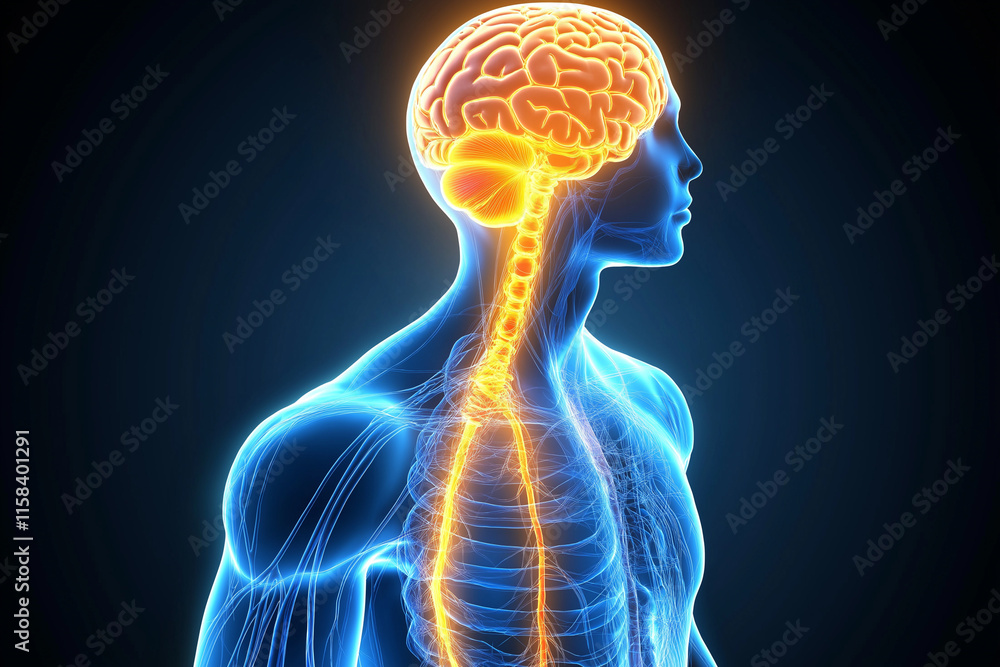 Poster neural peripheral wellness concept. soft glowing neural and peripheral system illustration on a dark